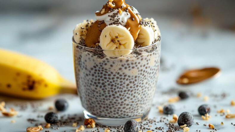 Chia seed pudding topped with banana and peanut butter