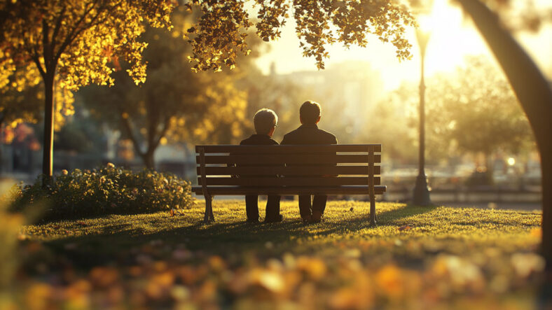 A couple sitting on a bench in the park