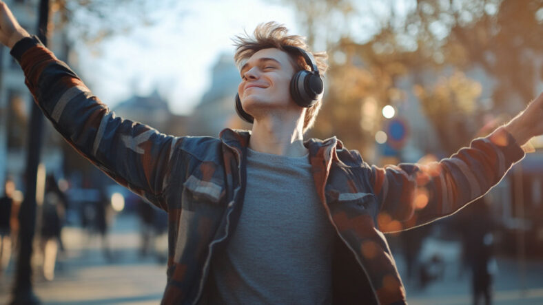 A person listening to music and dancing
