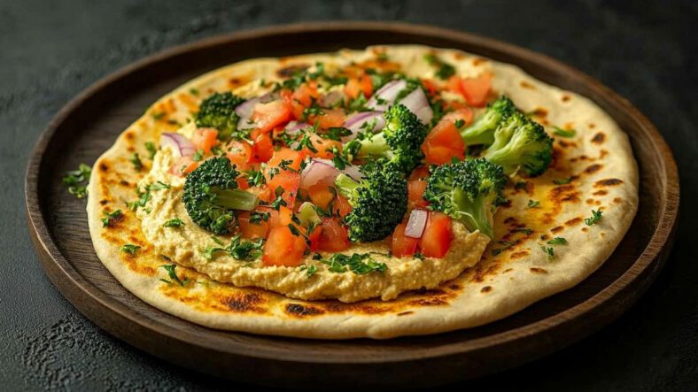 Flatbread topped with hummus and veggies