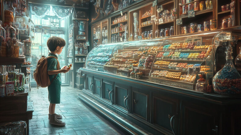 An illustration of a kid in a sweet shop