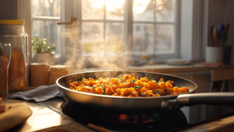 Sweet potato hash being cooked