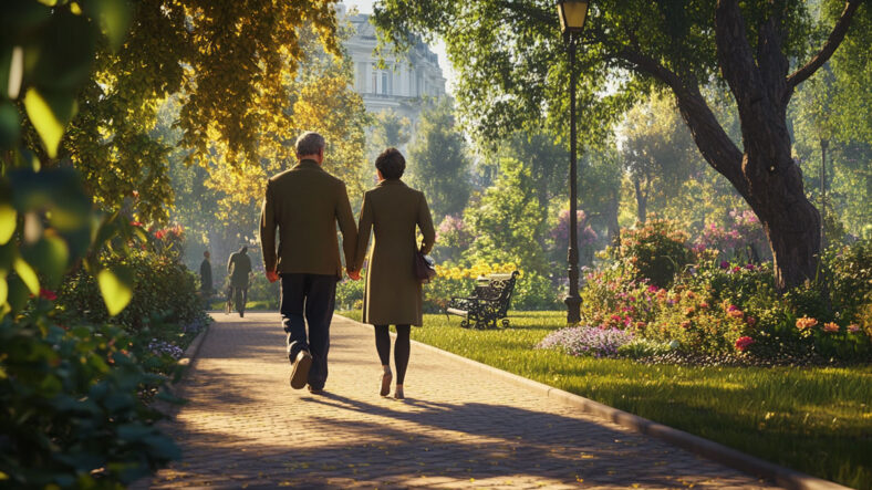 A couple taking a walk in a park