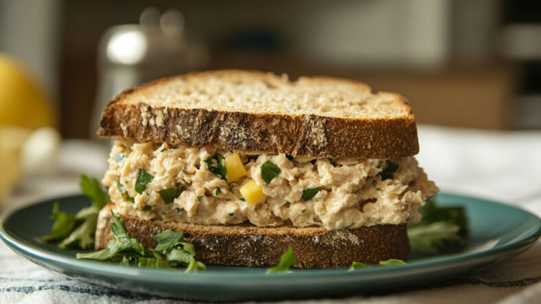A well-filled tuna sandwich on whole grain bread