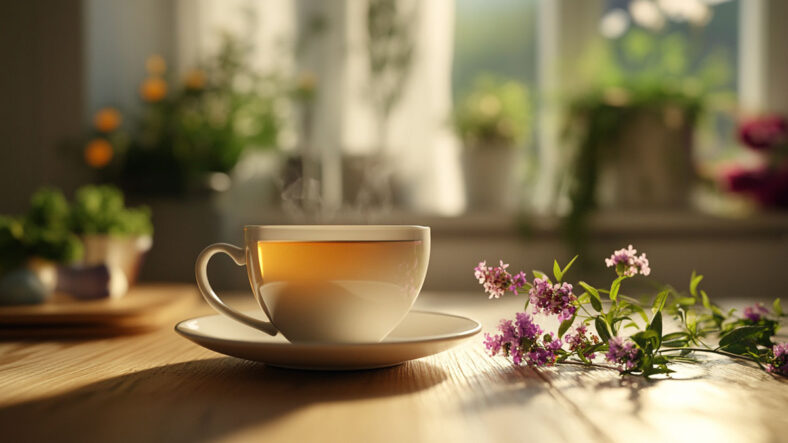 Herbal tea in cup on kitchen table