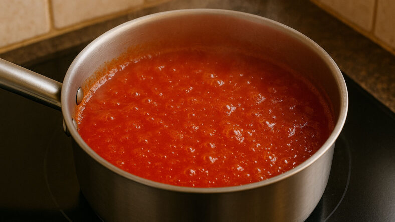 Canned tomatoes being cooked in saucepan
