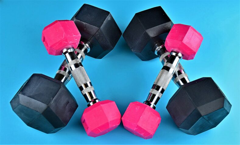 black and pink dumbbells