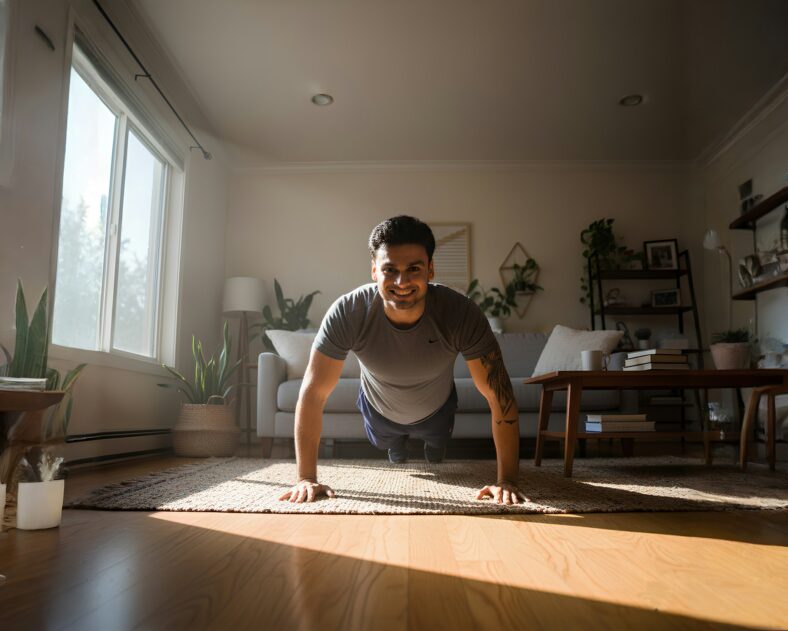 man doing a push up in living room