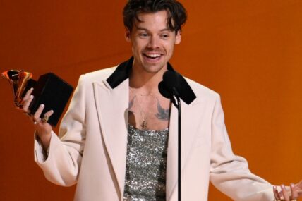 Feb 5, 2023; Los Angeles, CA, USA; Harry Styles accepts the award for album of the year for Harry's House during the 65th Annual Grammy Awards at Crypto.com Arena in Los Angeles on Sunday, Feb. 5, 2023.