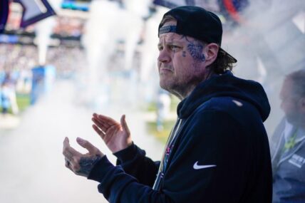 Jelly Roll watches as the Titans head out to the field before the game against the Seattle Seahawks at Nissan Stadium in Nashville, Tenn., Sunday, Nov. 23, 2025.