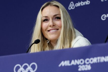 [US, Mexico & Canada customers only] Feb 3, 2026; Cortina d'Ampezzo, ITALY; Lindsey Vonn attends a press conference at a press conference at the Cortina Curling Olympic Stadium in preparation for the Milano Cortina 2026 Olympic Winter Games.