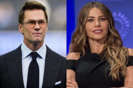 Left: Dec 14, 2025; Inglewood, California, USA; Fox broadcaster Tom Brady is seen prior to the game between the Detroit Lions and the Los Angeles Rams at SoFi Stadium. / Right: Actress Sofía Vergara at the 2015 PaleyFest for the show "Modern Family."