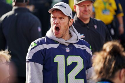 Feb 8, 2026; Santa Clara, CA, USA; Actor Chris Pratt stands on the sidelines before the game between Seattle Seahawks and New England Patriots in Super Bowl LX at Levi's Stadium.
